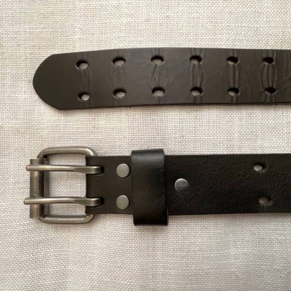 Black Genuine Leather Double Hole Prong Metal Roller Buckle Belt Size 40/100 - Picture 8 of 12